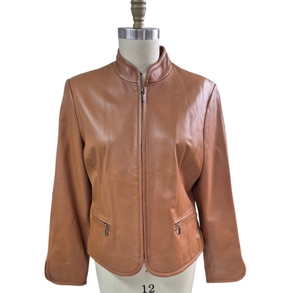 Vtg Valerie Stevens Cognac Brown Soft Leather Jacket Zip Front Womens Sz XL